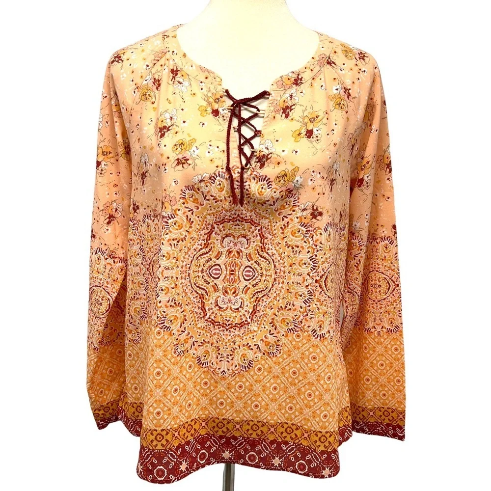 Sanctuary Peach Print Lace Up Split Neck Popover Top